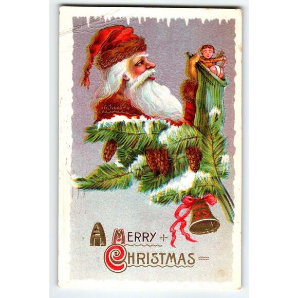 Santa Claus Christmas Postcard Toys Pine Cones Bell 1912 Barton & Spooner Emboss - Picture 1 of 2